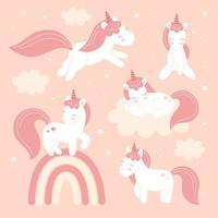 Set with cute fairy unicorns, clouds, stars. Decor for a nursery, posters, packaging, wallpaper, print for clothes. Vector illustration in flat style, child character