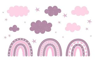 Set with cute clouds, stars and boho rainbows, nursery decor, baby clothes print, wallpaper. Vector illustration in flat style isolated on white background.