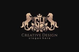 initial GW Retro golden crest with shield and two horses, badge template with scrolls and royal crown - perfect for luxurious branding projects vector