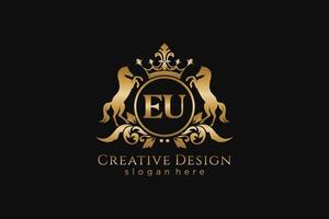 initial EU Retro golden crest with circle and two horses, badge template with scrolls and royal crown - perfect for luxurious branding projects vector