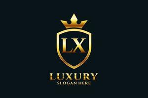 initial LX elegant luxury monogram logo or badge template with scrolls and royal crown - perfect for luxurious branding projects vector