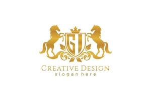 initial GI Retro golden crest with shield and two horses, badge template with scrolls and royal crown - perfect for luxurious branding projects vector