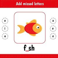 dd missed letters. Educational worksheet. Learning English words. Fish vector