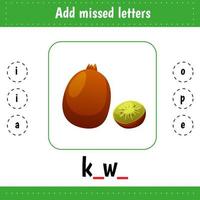 dd letras perdidas. hoja de trabajo educativa. aprendiendo palabras en ingles. frutas kiwi vector