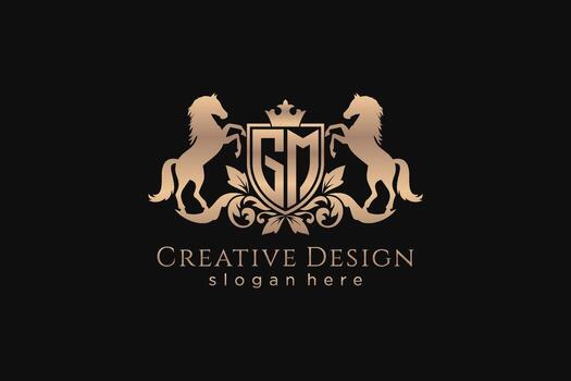 initial GM Retro golden crest with shield and two horses, badge template with scrolls and royal crown - perfect for luxurious branding projects vector