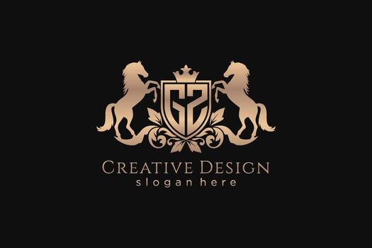 initial GZ Retro golden crest with shield and two horses, badge template with scrolls and royal crown - perfect for luxurious branding projects vector