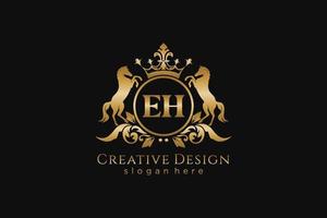 initial EH Retro golden crest with circle and two horses, badge template with scrolls and royal crown - perfect for luxurious branding projects vector