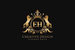 initial EH Retro golden crest with circle and two horses, badge template with scrolls and royal crown - perfect for luxurious branding projects vector