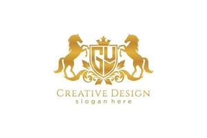 initial GV Retro golden crest with shield and two horses, badge template with scrolls and royal crown - perfect for luxurious branding projects vector