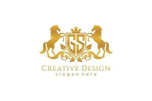 initial GS Retro golden crest with shield and two horses, badge template with scrolls and royal crown - perfect for luxurious branding projects vector