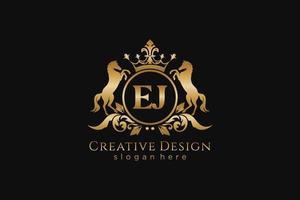 initial EJ Retro golden crest with circle and two horses, badge template with scrolls and royal crown - perfect for luxurious branding projects vector