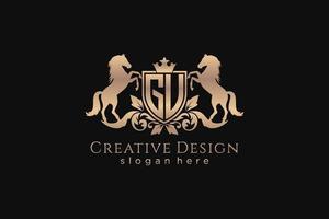 initial GU Retro golden crest with shield and two horses, badge template with scrolls and royal crown - perfect for luxurious branding projects vector