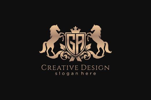 initial GA Retro golden crest with shield and two horses, badge template with scrolls and royal crown - perfect for luxurious branding projects vector