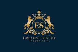 initial ES Retro golden crest with circle and two horses, badge template with scrolls and royal crown - perfect for luxurious branding projects vector