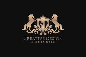 initial GC Retro golden crest with shield and two horses, badge template with scrolls and royal crown - perfect for luxurious branding projects vector