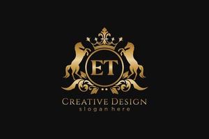 initial ET Retro golden crest with circle and two horses, badge template with scrolls and royal crown - perfect for luxurious branding projects vector