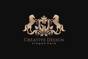 initial GJ Retro golden crest with shield and two horses, badge template with scrolls and royal crown - perfect for luxurious branding projects vector