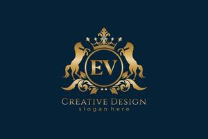 initial EV Retro golden crest with circle and two horses, badge template with scrolls and royal crown - perfect for luxurious branding projects vector