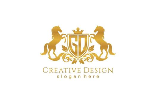 initial GQ Retro golden crest with shield and two horses, badge template with scrolls and royal crown - perfect for luxurious branding projects vector