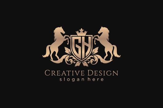 initial GH Retro golden crest with shield and two horses, badge template with scrolls and royal crown - perfect for luxurious branding projects vector