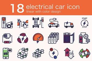 conjunto de auto eléctrico ev en lineal mínimo con diseño de color vector