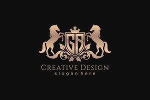 initial GR Retro golden crest with shield and two horses, badge template with scrolls and royal crown - perfect for luxurious branding projects vector