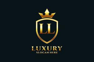 initial LL elegant luxury monogram logo or badge template with scrolls and royal crown - perfect for luxurious branding projects vector