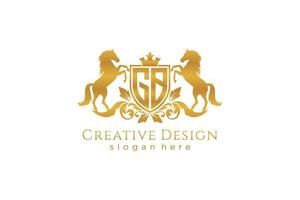 initial GB Retro golden crest with shield and two horses, badge template with scrolls and royal crown - perfect for luxurious branding projects vector