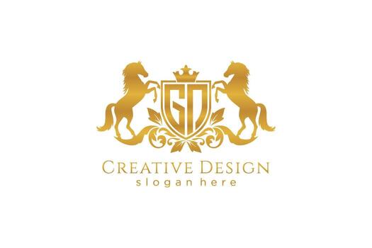 initial GN Retro golden crest with shield and two horses, badge template with scrolls and royal crown - perfect for luxurious branding projects vector