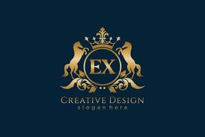 initial EX Retro golden crest with circle and two horses, badge template with scrolls and royal crown - perfect for luxurious branding projects vector