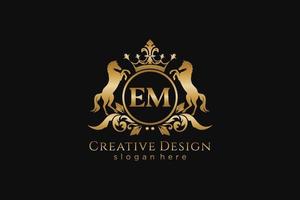 initial EM Retro golden crest with circle and two horses, badge template with scrolls and royal crown - perfect for luxurious branding projects vector