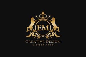 initial EM Retro golden crest with circle and two horses, badge template with scrolls and royal crown - perfect for luxurious branding projects vector