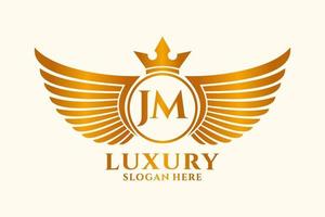 Luxury royal wing Letter JM crest Gold color Logo vector, Victory logo, crest logo, wing logo, vector logo template.