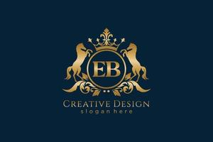 initial EB Retro golden crest with circle and two horses, badge template with scrolls and royal crown - perfect for luxurious branding projects vector