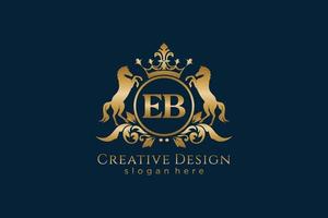 initial EB Retro golden crest with circle and two horses, badge template with scrolls and royal crown - perfect for luxurious branding projects vector