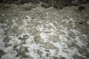 Dirty snow on side of road. Snow melts on asphalt. Situation on road after precipitation. photo