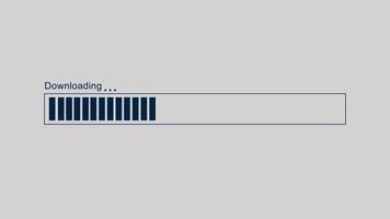 progression de la barre de téléchargement. barre de chargement barre de téléchargement écran de chargement animation de progression pixélisée téléchargement de transfert de chargement 0-100 sur fond gris. vidéo 4k. video