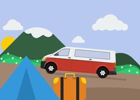 coche editable y maleta de vacaciones con ilustración de vector de fondo de montaña para fines de diseño de viajes de recreación y turismo