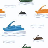 Editable Side View Flat Style Sport Arch Pontoon Boat Vector Illustration with Various Colors as Seamless Pattern for Creating Background of Transportation or Recreation Related Design