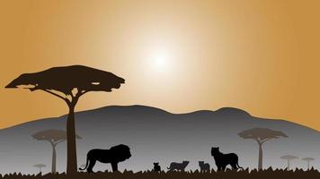 Full frame silhouette family of lion in the grassland on the multicolor background. vector