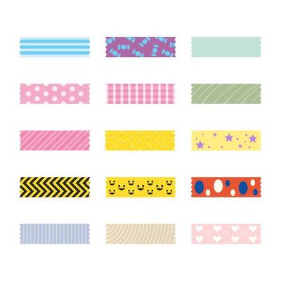 Colored decorative tape washi sticker strips for text decoration. Set of colorful patterned washi tape. Vector illustration