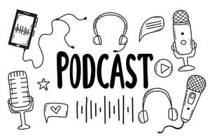 Podcast set. Vector illustration. Doodle style. Collection for broadcasting. Microphones and headphones.