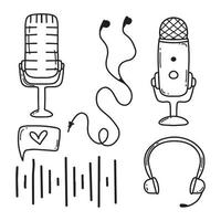 Podcast set. Vector illustration. Doodle style. Collection for broadcasting. Microphones and headphones.