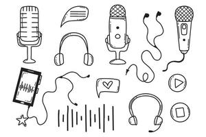 Podcast set. Vector illustration. Doodle style. Collection for broadcasting. Microphones and headphones.