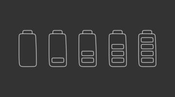 Battery charge in doodle style, vector illustration. Hand drawn sketch, energy level low and full. Isolated icon on chalk board background. Indicator recharge mobile phone battery