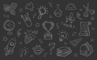 School set elements in doodle style, vector illustration. Back to school concept, isolated symbols on a chalkboard background. Icon collection, hand drawn for print and design. Online education sketch