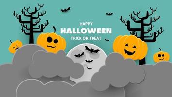 happy halloween background with pumpkin, cloud, bath and moon in paper style. vector illustration