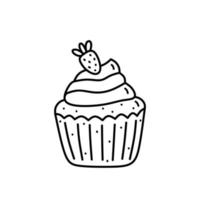 cupcake con crema y fresas aislado sobre fondo blanco. lindo postre con bayas. ilustración vectorial dibujada a mano en estilo garabato. perfecto para diseños de vacaciones, tarjetas, decoraciones, logo, menú vector