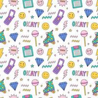 Bright seamless pattern with items from the nineties - floppy disk, quad roller skates, retro flip phone,  lightnings, smile, diamonds, lollipop, stars on checkered background. Nostalgia for the 1990s vector