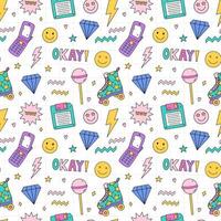 Bright seamless pattern with items from the nineties - floppy disk, quad roller skates, retro flip phone,  lightnings, smile, diamonds, lollipop, stars on checkered background. Nostalgia for the 1990s vector